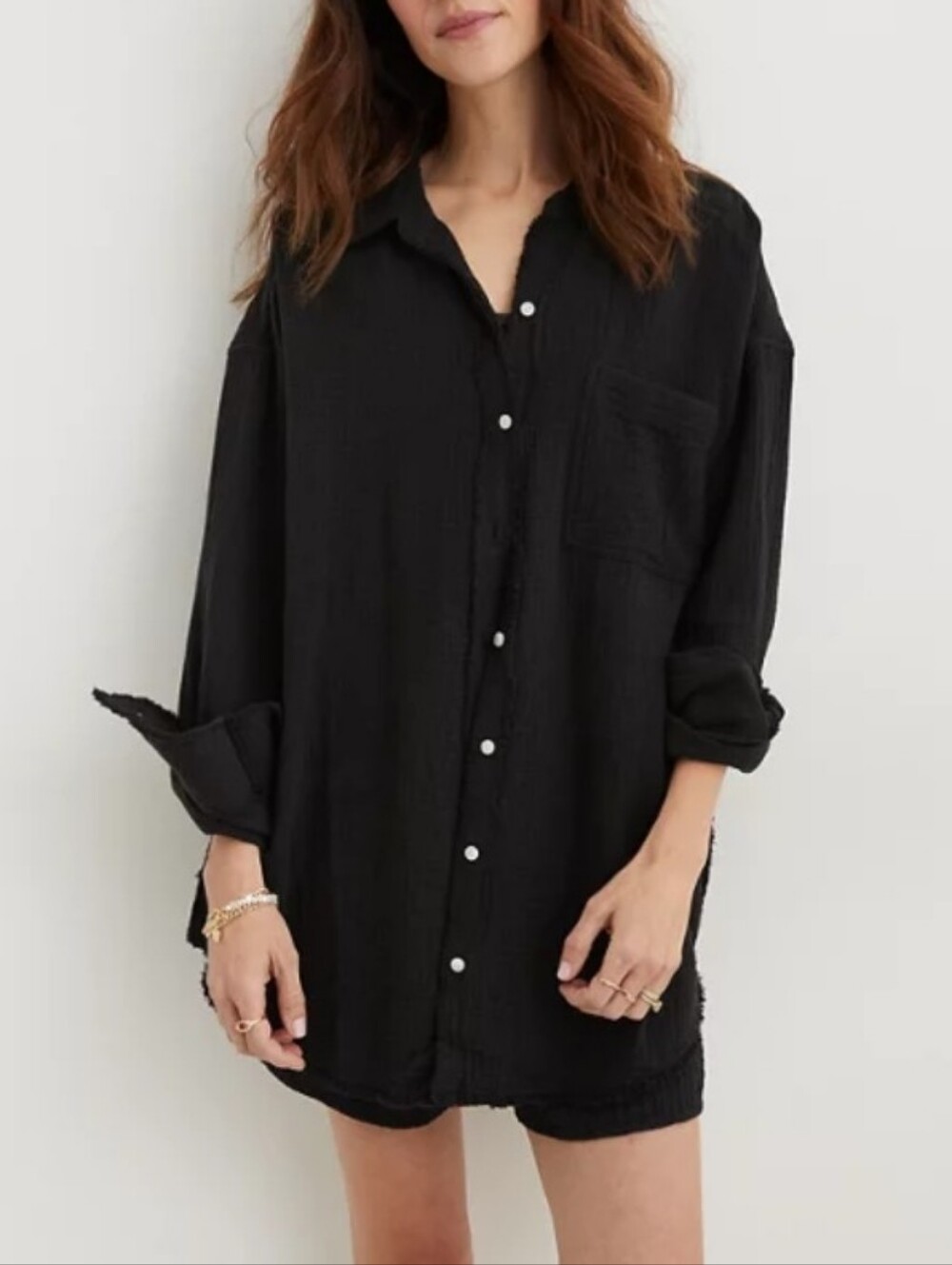 Aerie Black Women's Button-Front Gauze Cover Up Sizd Small